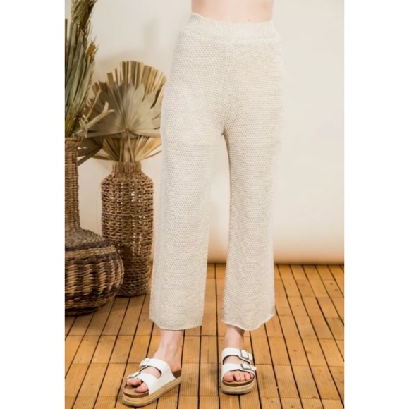 CLEARANCE Oatmeal Woven Knit High Waist Wide Leg Lounge Pant - Picture 4 of 7